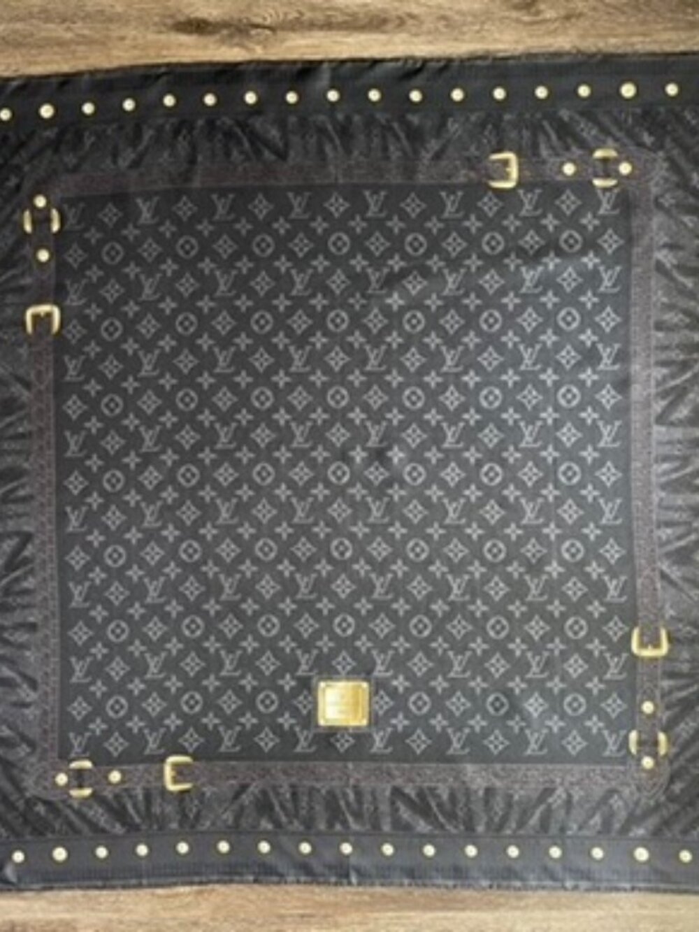 Display #2 Louis Vuitton Monogram Silk Twill Square Scarf Black Gray Gold